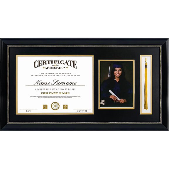 Picture Frame - Black Frame with Rim, 11x22 inches, Document/Certificate & 5x7 Photo, Double Mat, Real Glass, Tassel Holder, Collection