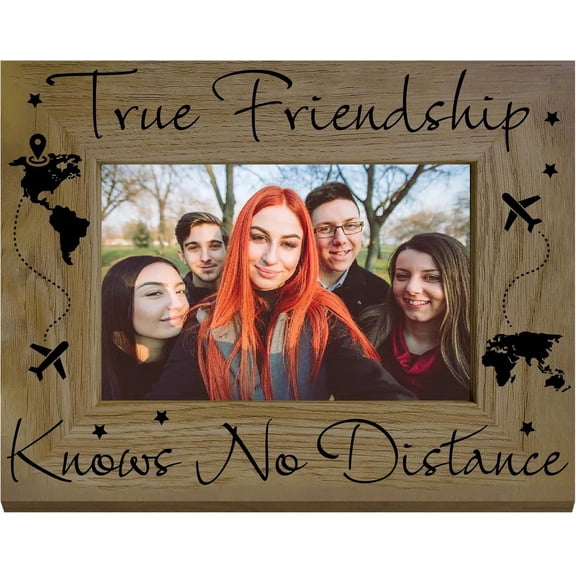Picture Frame Friendship Know No Distance Wood Engraved oto Frames Display Fits 4 x 6in Horizontal Postcard Tabletop for Hanging