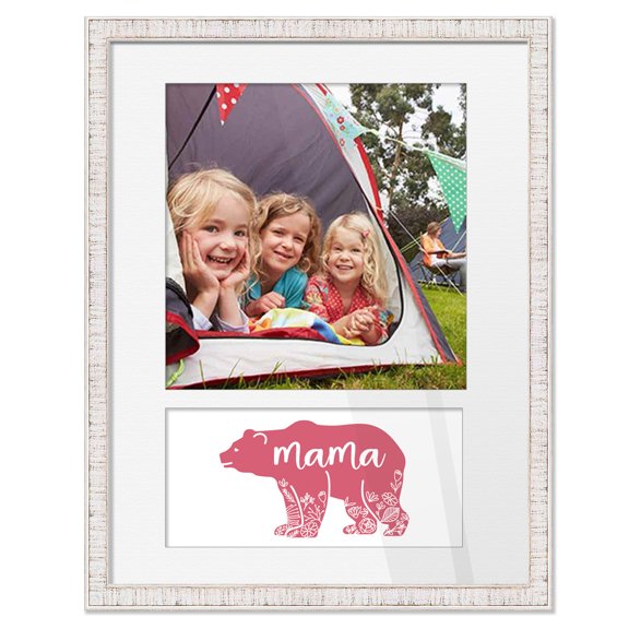 Picture Frame Gift for Mom - Classic Pink Mama Bear Art Print with 8x8 Photo Opening - Rustic White