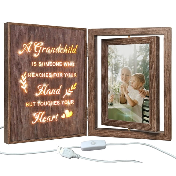 Picture Frame Grandchild Touches Your Heart Light Up 4x6 Photo Double Sided Rotating Rustic Decor