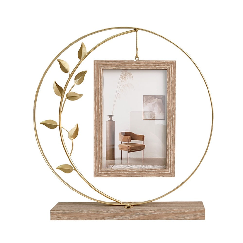 Picture Frame, Kvago Double-Sided Hanging Picture Frame Holds 4x6 Inch Vertical Photos, Family Office Desk Rustic Display Metal Tree Wooden Photo Frame, Gift for Mom Grandma Women Adults (Gold)