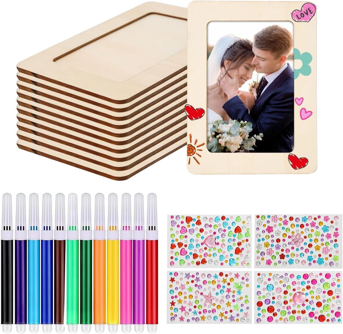 Picture Frame Painting Craft Kit for 4 * 6 Photo,10Pcs DIY Unfinished Wooden Picture Frames with 12Pcs Painting Color Pen 4 Sheets Crystal Diamond Stickers for DIY Craft