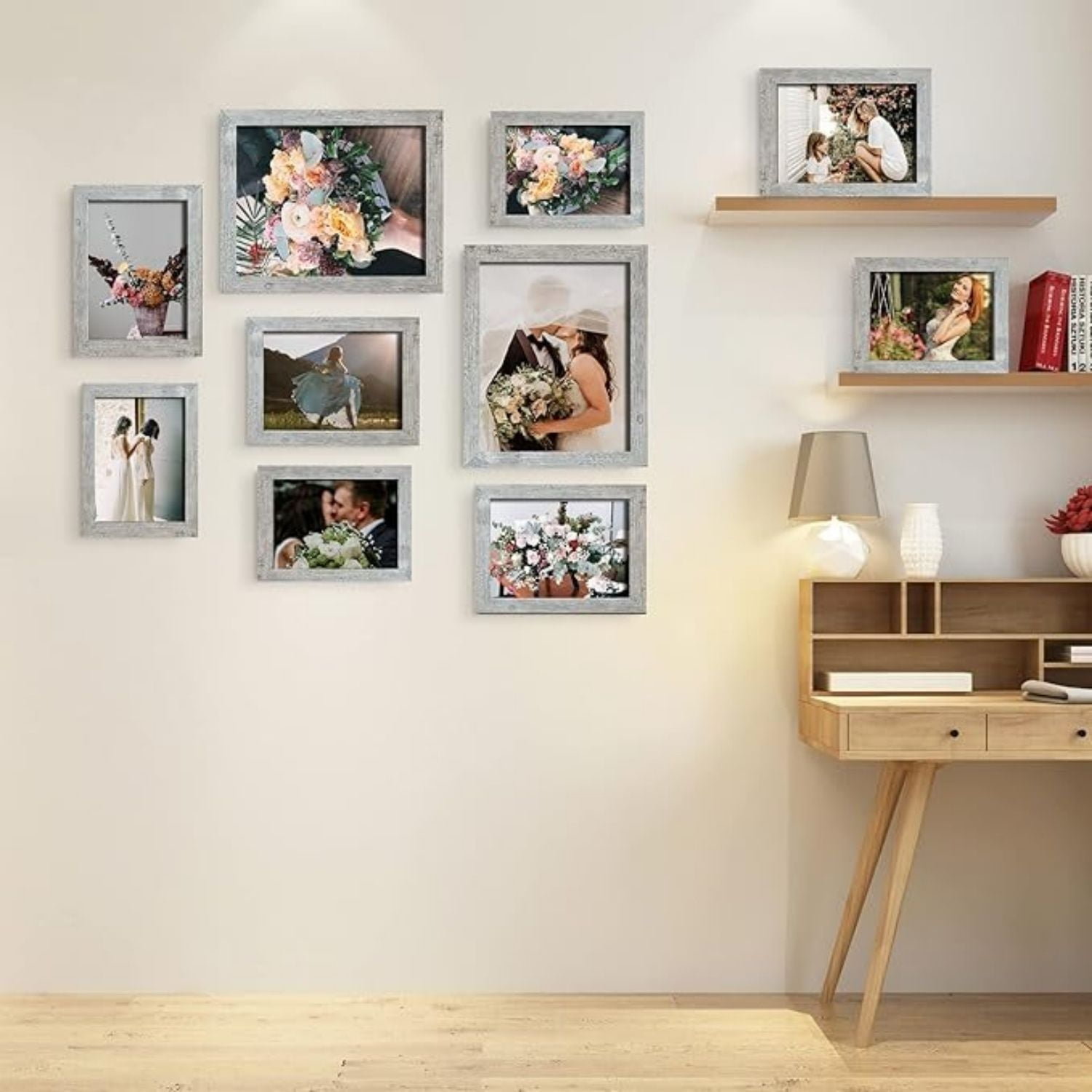 Farmhouse Picture Frame Set - 6 Pack Rustic Wood Pattern 5x7 Frames For Wall & Tabletop Display