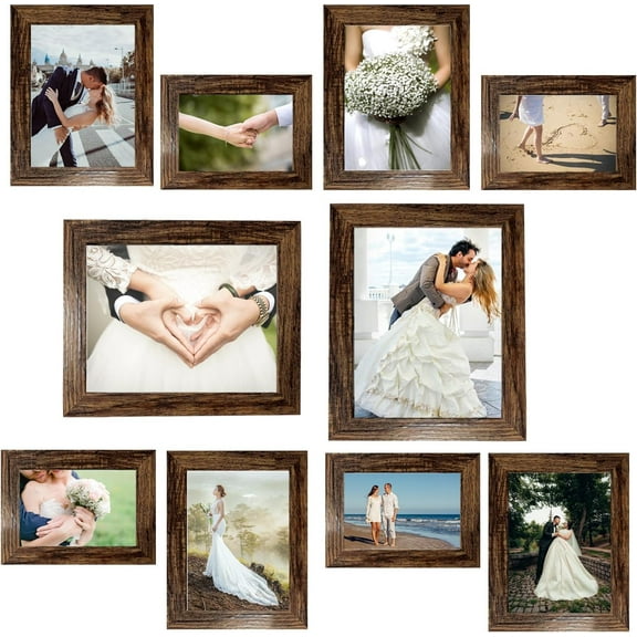 Picture Frame Set 10 pack, Farmhouse Photo Frames, Gallery Wall Frame Collage, with Two 8x10, Four 5x7, Four 4x6 Photo Frame set, in 3 Different Finishes Picture Frames For Wall or Desk,Rustic Brown
