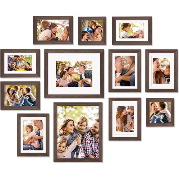12 Pack Rustic Brown Picture Frames, Collage Set with 8x10, 5x7, 4x6, 4x4 Sizes Solid Wood Plexiglass for Wall Tabletop