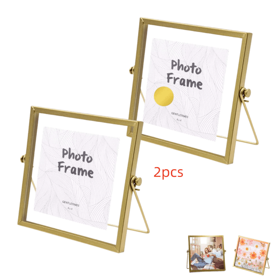 Picture Frame Set of 2 , Small Metail Gold Frames Glass Frames for Pressed Flowers, 6x6" Floating Picture Frame for Photo (3x3",4x4",5x5" Float Effect)