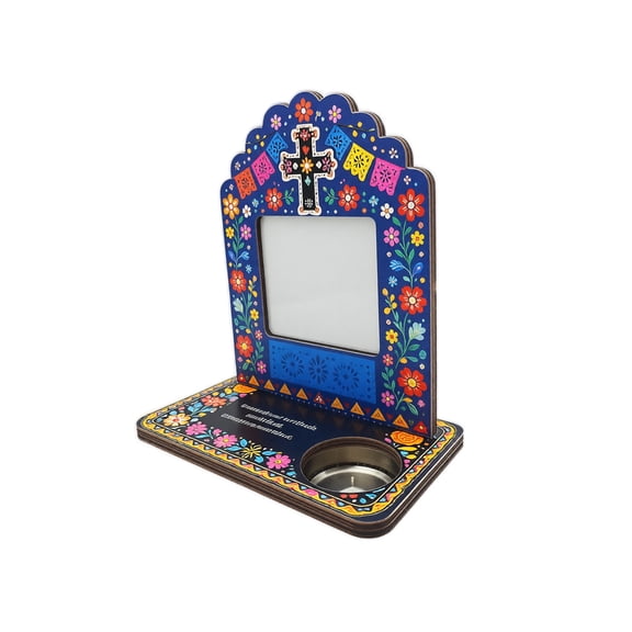 Picture Frame Set Wooden Blue Day of The Dead Decor with Tealight Candle Holder for Memorial Display Home Table Decor