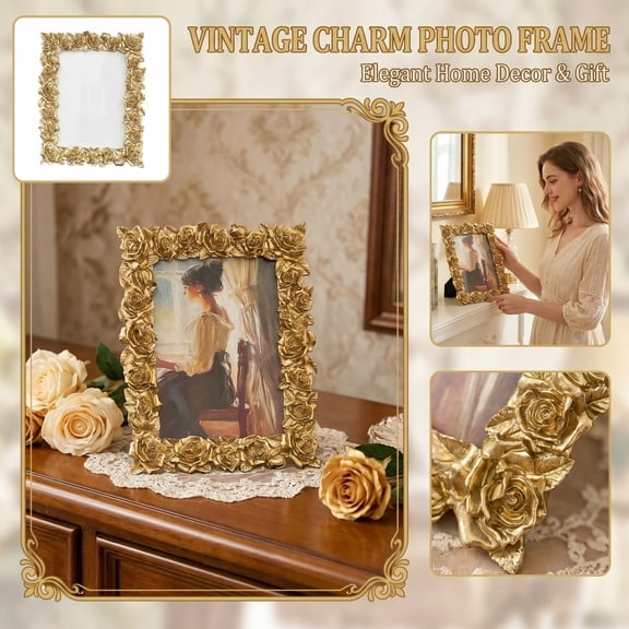 Picture Frame Vintage Gold Frames, Rose Flower Resin Photo Frame with Glass Front for Wall Hanging or Tabletop Display, Elegant Home Decor, C
