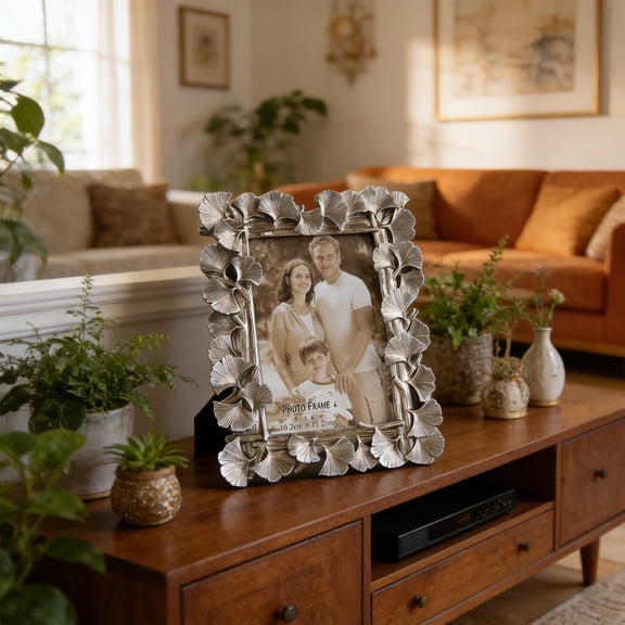 Picture Frame Vintage Silver Ginkgo Frames,Ornate Leaf Textured Hand-Crafted Resin with Glass Front, Table Top Display and Wall Hanging Home Decor,Old Fashioned Gorgeous Photo Gallery Art Deco