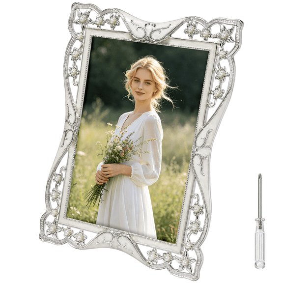 4x6 Vintage Metal Picture Frame, Silver Flower Wedding Photo Frame with Pearls and Floral Carvings, Elegant Tabletop Decor, Anniversary Present for Women