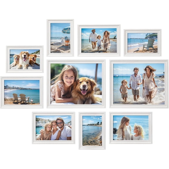 Picture Frames with 16 Mats, Set of 10 Collage Photo Frames, Two 8x10, Four 5x7, Four 4x6 Frames, Hanging or Table Display, Glass, 12 Non-Trace Nails, Cloud White URPF049W01