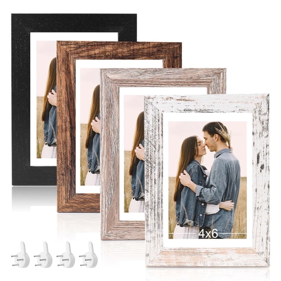 Lnrkai 4x6 Picture Frames, 4 Set Rustic Distressed Farmhouse Wood Photo Frame for Wall & Tabletop Living Room Home Decor