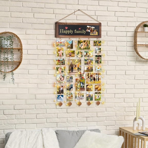 Picture Frames Collage Photo Hanging Display Picture Board Wood Rustic Frames for Wall Decor and Dorm Room Decor with Blackboard and 30 Clips Carbonized Black