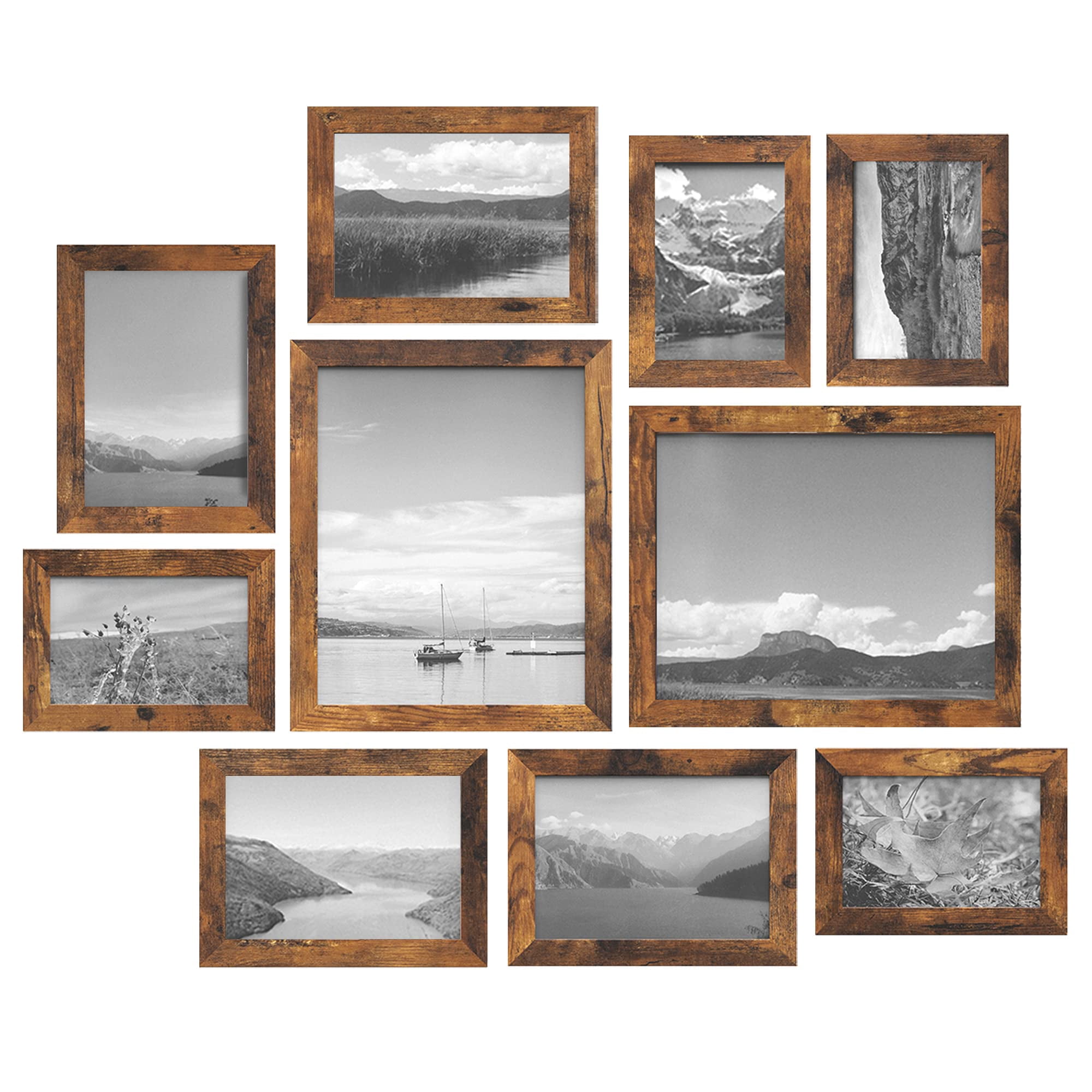 Picture Frames, Collage Picture Frames Set of 10, Two 8x10, Four 5x7, Four 4x6, Photo Frame for Wall Gallery Decor, Table Display, Glass, Rustic Brown