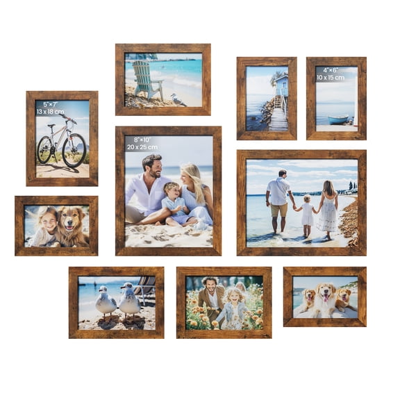 SONGMICS Picture Frames, Collage Picture Frames Set of 10, Two 8x10, Four 5x7, Four 4x6, Photo Frame for Wall Gallery Decor, Table Display, Glass, Rustic Brown