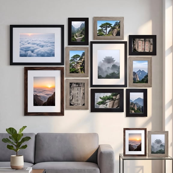 Picture Frames Collage Set, Gallery Wall Frame Kit with 11x14, 8x10, 5x7, 4x6 Sizes in 3 Finishes, Set of 10, Ideal for Living Room, Bedroom, Office Wall Decor, Black, Wood Grain Brown, Gray