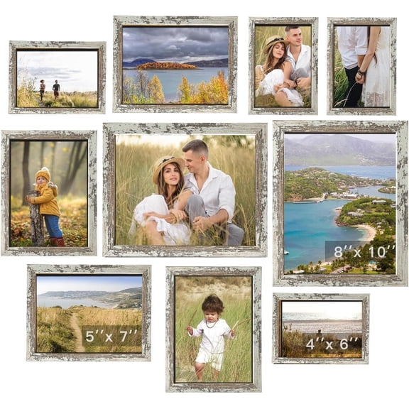 Picture Frames Collage Wall Decor, 10 PCS Picture Frames Including 8x10, 5x7, 4x6, Gallery Wall Frame Set for Wall Mounting or Tabletop Display, Family Photo Frames, Rustic White