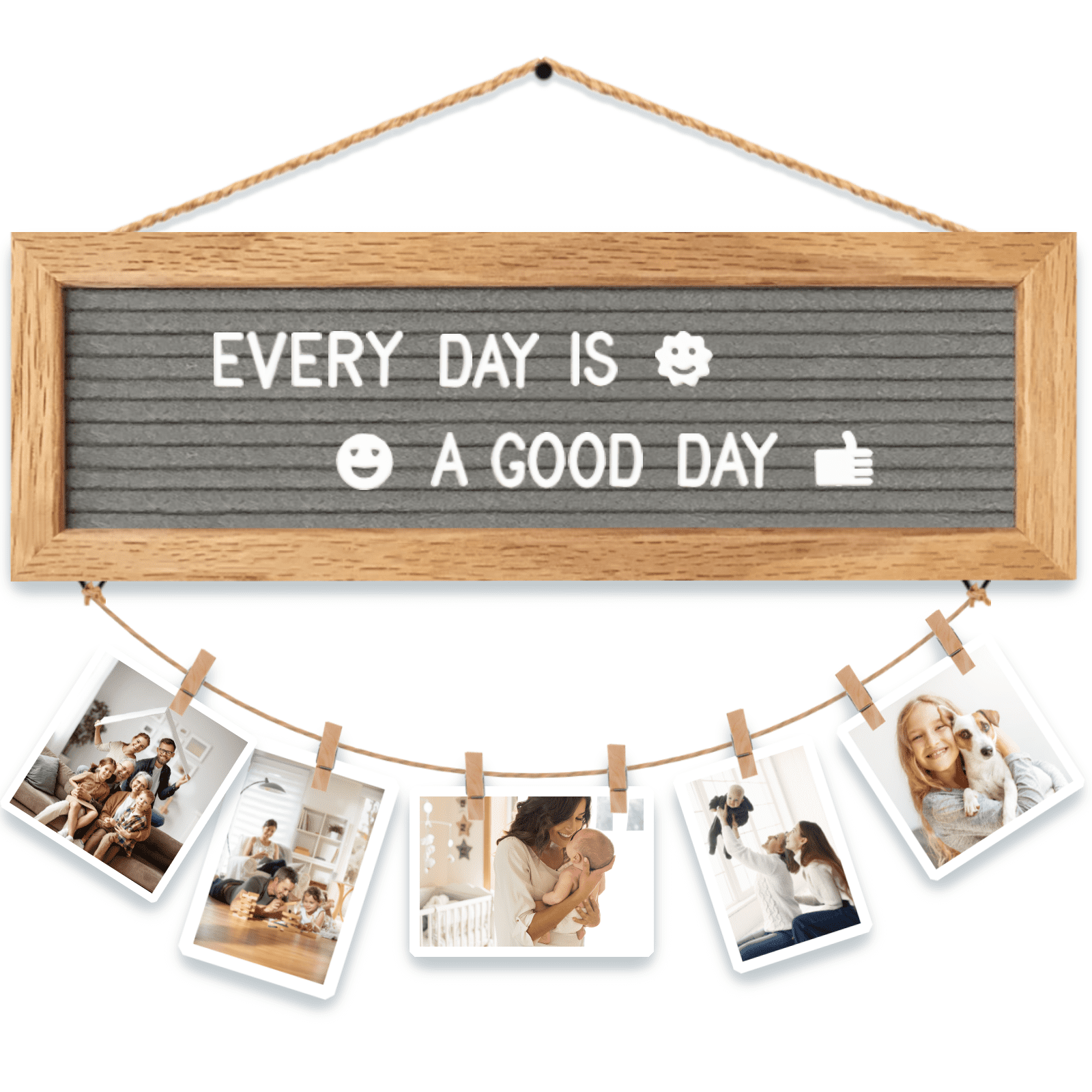 Picture Frames Hanging Display Wooden Board, Felt Letter Board with 340 Letters and 15 Clips, Photo Frames Collage Wall Decor for Family Birthday Christmas Party Gifts