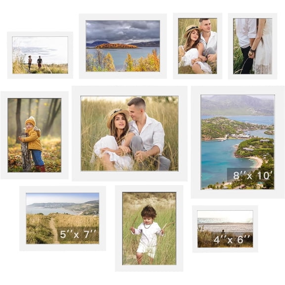 10 Piece White Picture Frame Collage Set, Multi Size Wall Gallery Frames for 8x10 5x7 4x6 Photos, Tabletop Display Family Decor