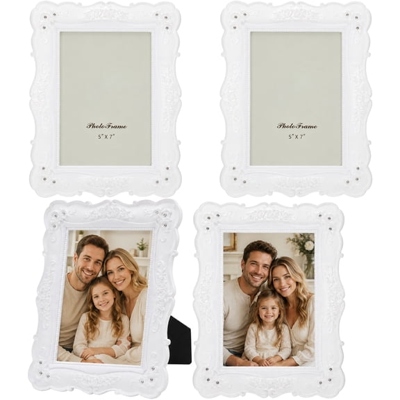 Picture Frames Set of 4, Vintage White Frame with Rose Embossed Pattern for 5 x 7 Inch Photos, Tabletop Display or Wall Mounted Decor, Ideal for Living Room, Bedroom, Studio Props or Gift