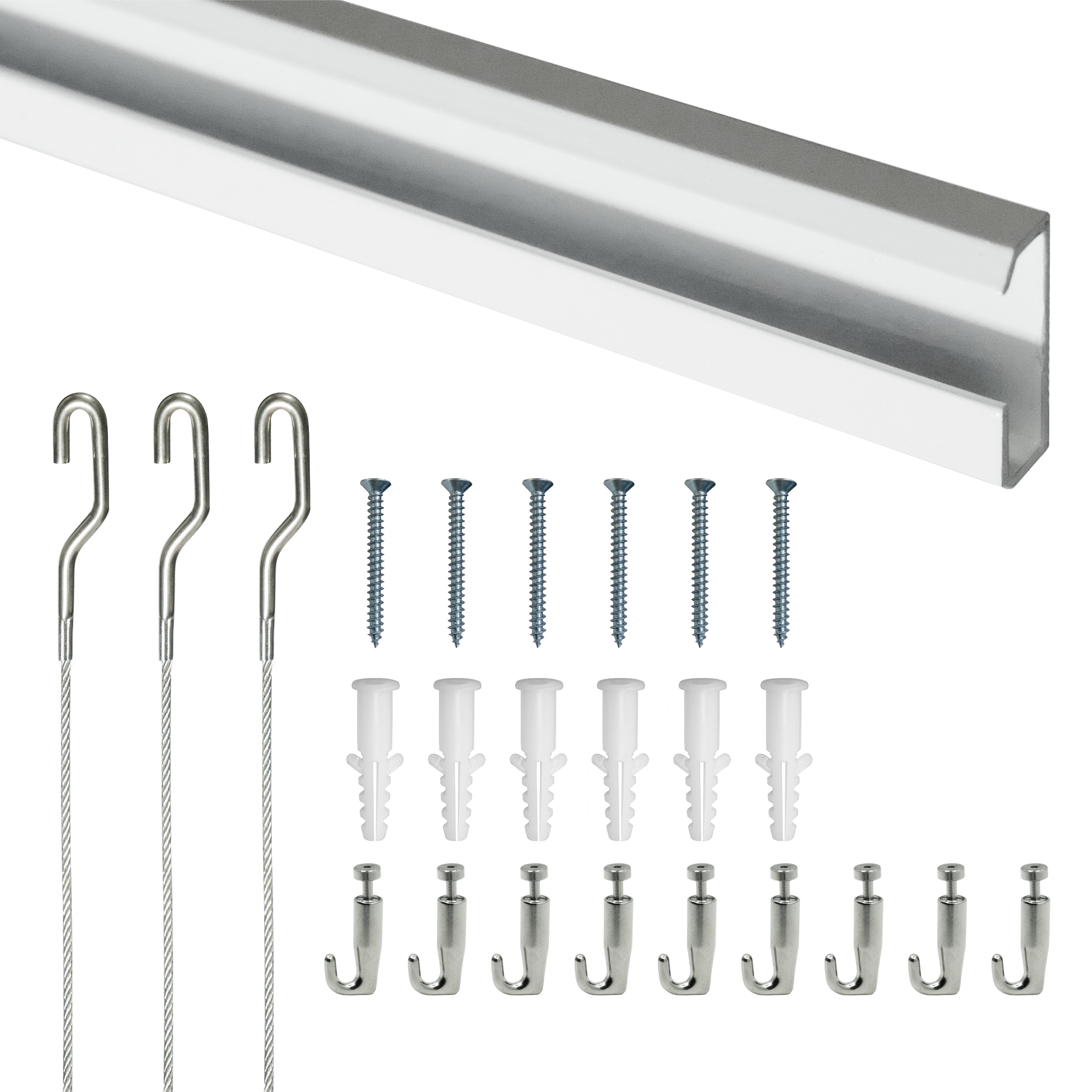 Picture Hang Solutions - Track 101 Picture Rail Kit - Includes 79-inch Wall Track, Steel Cords, Adjustable Hooks, and Hardware - Gallery Hanging Systems 1 set per pack