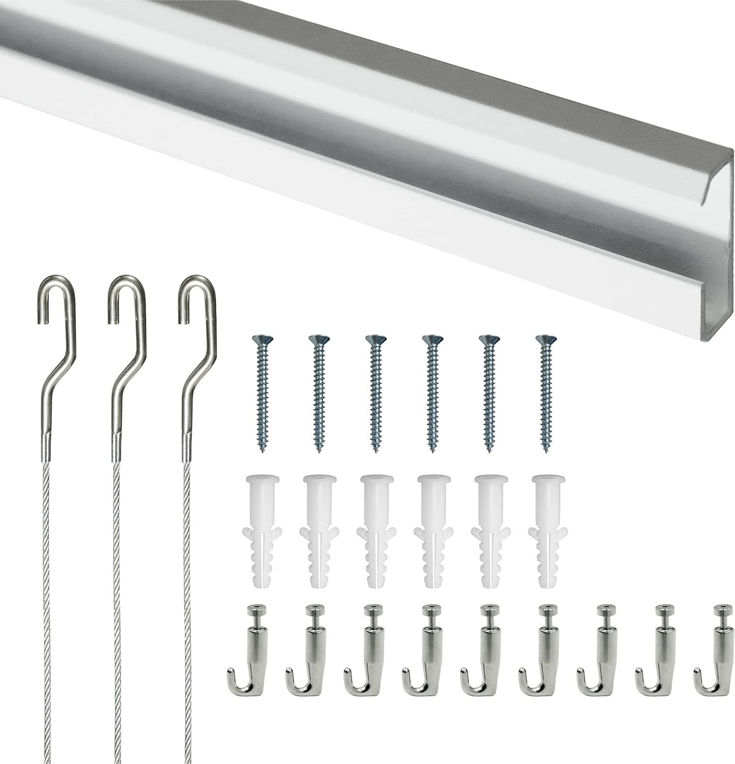 Picture Hang Solutions - Track 101 Picture Rail Kit - Includes 79-inch Wall Track, Steel Cords, Adjustable Hooks, and Hardware - Gallery Hanging Systems 2 sets per pack
