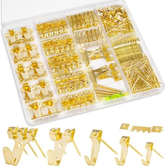 Picture Hangers, 385Pcs Picture Hanging Kit with Heavy Duty Picture Hanging Hooks, Sawtooth, Hardware Nails and Picture Hanging Tool, Wall Hangers for Frame, Painting, Art, Photo (Gold)