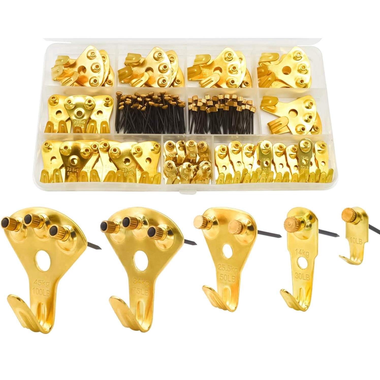 Picture Hangers, Heavy Duty Picture Hanging Kit with Hooks and Nails for Drywall Wooden Wall (Gold)