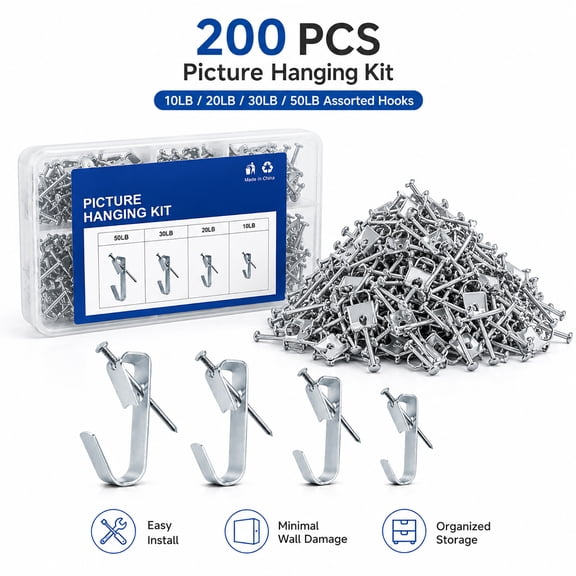 Picture Hangers Holds 10-50lbs, 200pcs Picture Hanging Kit, Picture Hooks with Nails, On Dry Wall, Wooden Wall