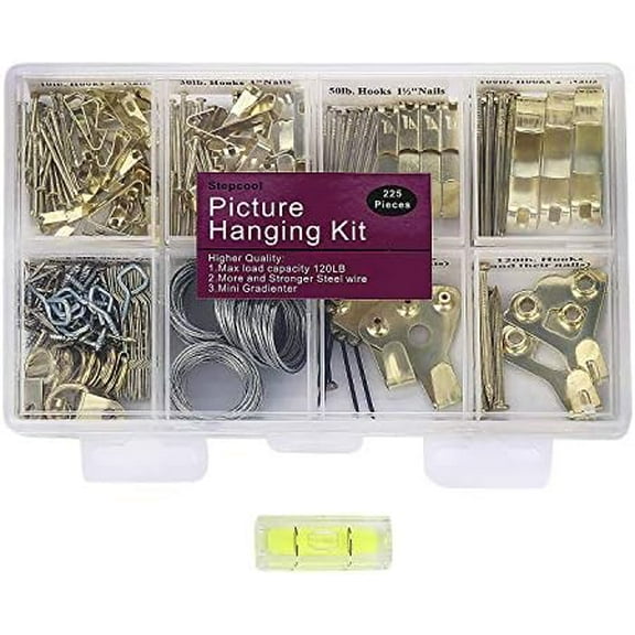 Picture Hangers, Picture Hanging Kit, 225pcs Heavy Duty Frame Hooks Hardware with Nails, Hanging Wire, Screw Eyes, D Ring and Sawtooth for Wall Mounting$$Tools & Hardware Other