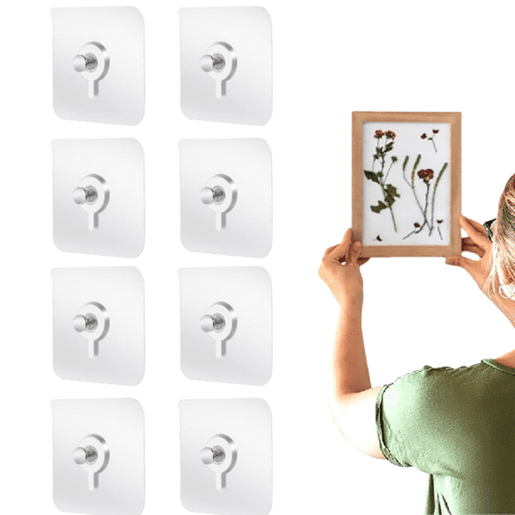 Picture Hangers Without Nails, 20 Ibs Load Heavy Duty Self Adhesive Wall Hooks No Drill Hooks for Hanging, Upgraded Picture Hangers Without Nails Nail Free Wall Hangers for Home (2.36" × 2.36", 8pcs)