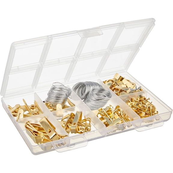 Picture Hanging Hardware Assortment Kit 220 Piece Set Brass Gold Plated with Galvanized Wire