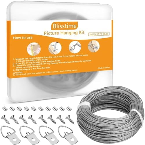 Picture Hanging Kit - 100 Feet Braided Hanging Wire, 60 Pcs D Ring Picture Hangers with Screws and 60 Pcs Aluminum Crimping Loop Sleeve for Canvas Paintings, Photo Frames$$Tools & Hardware Other