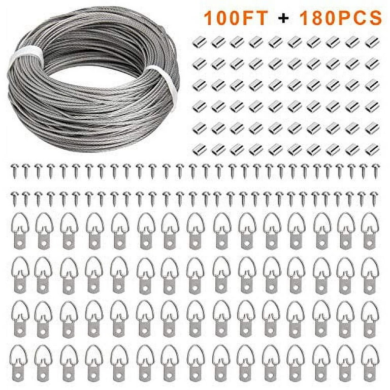 Picture Hanging Kit - 100 Feet Stainless Steel Hanging Wire, 60 Pcs D Ring  Picture Hangers with Screws and 60 Pcs Aluminum Crimping Loop Sleeve for  Hanging Paintings Photos 