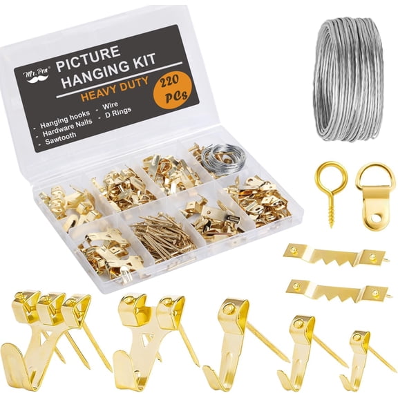 - Picture Hanging Kit, 220 pcs, Gold, Assorted Hooks, Nails, Sawtooth Hangers, D-Rings, Steel Wire, Ring Hooks, Home Wall Mount Hardware for Frames, Canvas, Dcor