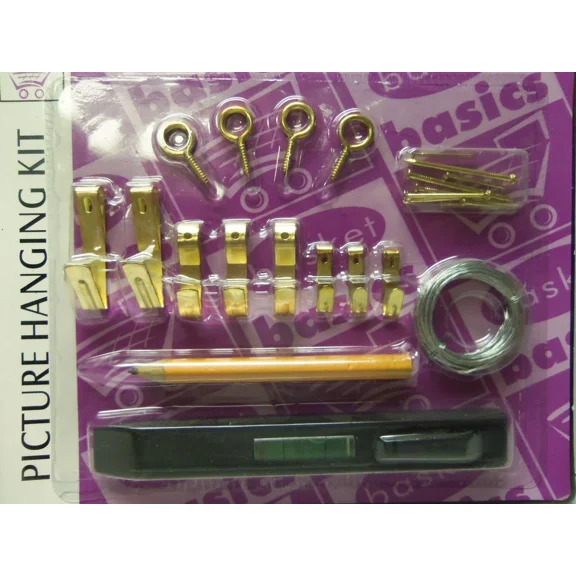 Picture Hanging Kit- Hangers, Wire, Screw Eyes, Nails, Level New