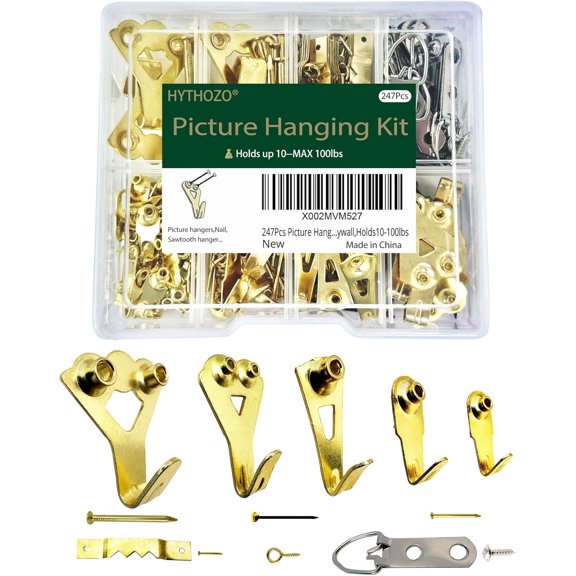 Picture Hanging Kit Heavy Duty 247 Pcs - Assorted Hooks, Nails, D Rings for Wall Mounting on Drywall & Wood, Hardware Set Holds 10-100 lbs
