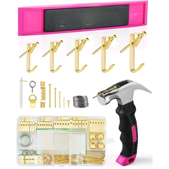 Picture Hanging Kit, Magnetic Hammer and Nails and Level Set for Hanging Photo/ Arts, Women Pink Tool 218Pcs Assorted Wall Frame Hanging Kit with Hooks/ Wire/ D Ring/ Sawtooth Hanger 100lbs