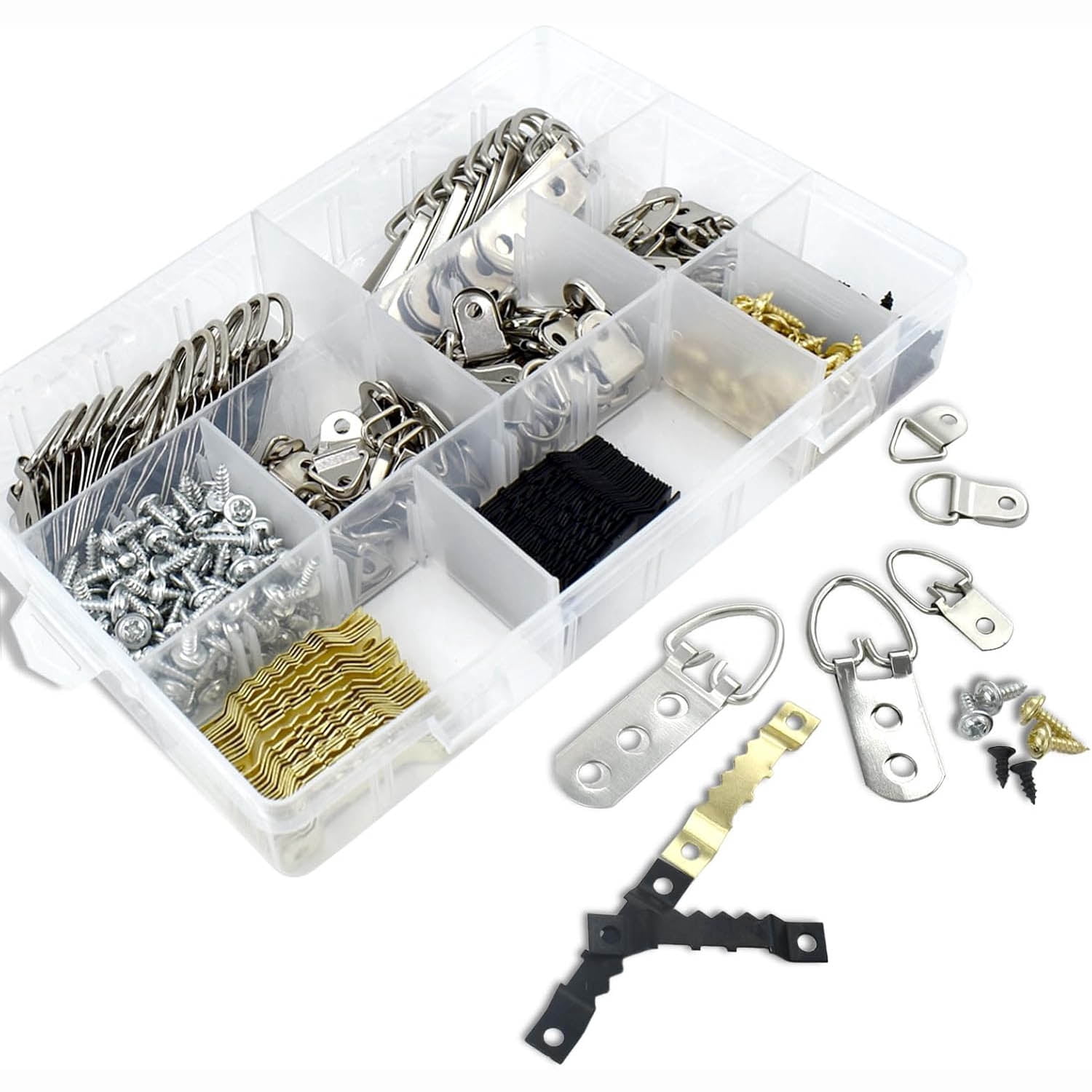 Picture Hanging Kit with D Ring Hangers, Sawtooth Hooks, Screws and Hook Assortment for Hanging Canvas, Paintings, Frames and Artwork