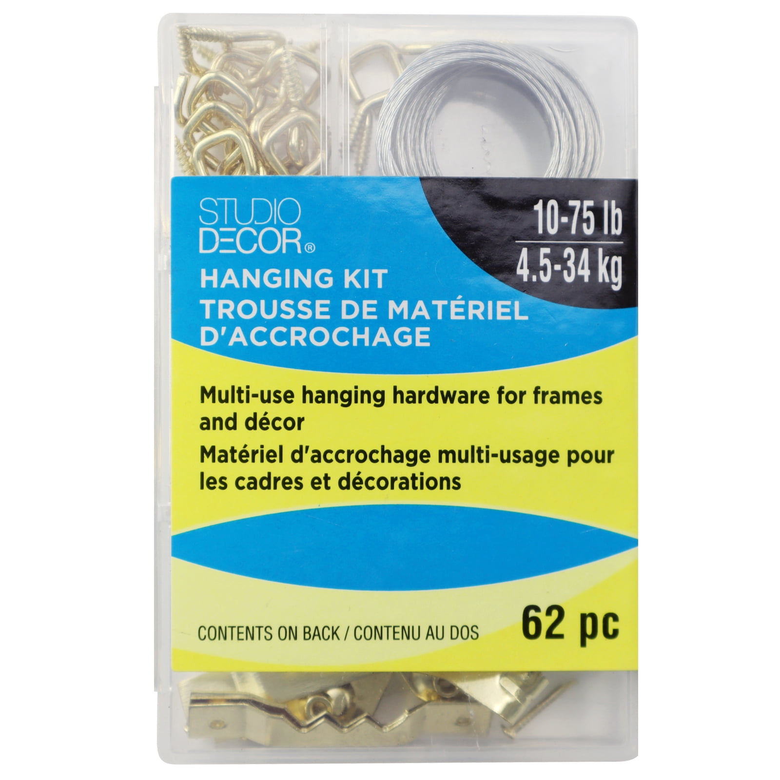 Studio Decor Picture Hanging Kits - Wall Hanging Sets with Hooks, Wire, Nails & More, 62 Pieces per Kit, Supports 10-75 lb, Ideal for Drywall & Plaster, 24 Pack
