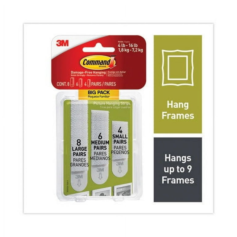 Picture Hanging Strips Big Pack, Removable, (4) Small, (6) Medium, (8) Large, White, 18 Pairs/Pack Picture Hanging Strips Big Pack, Removable, (4) Small, (6) Medium, (8) Large, White, 18 Pairs/Pack