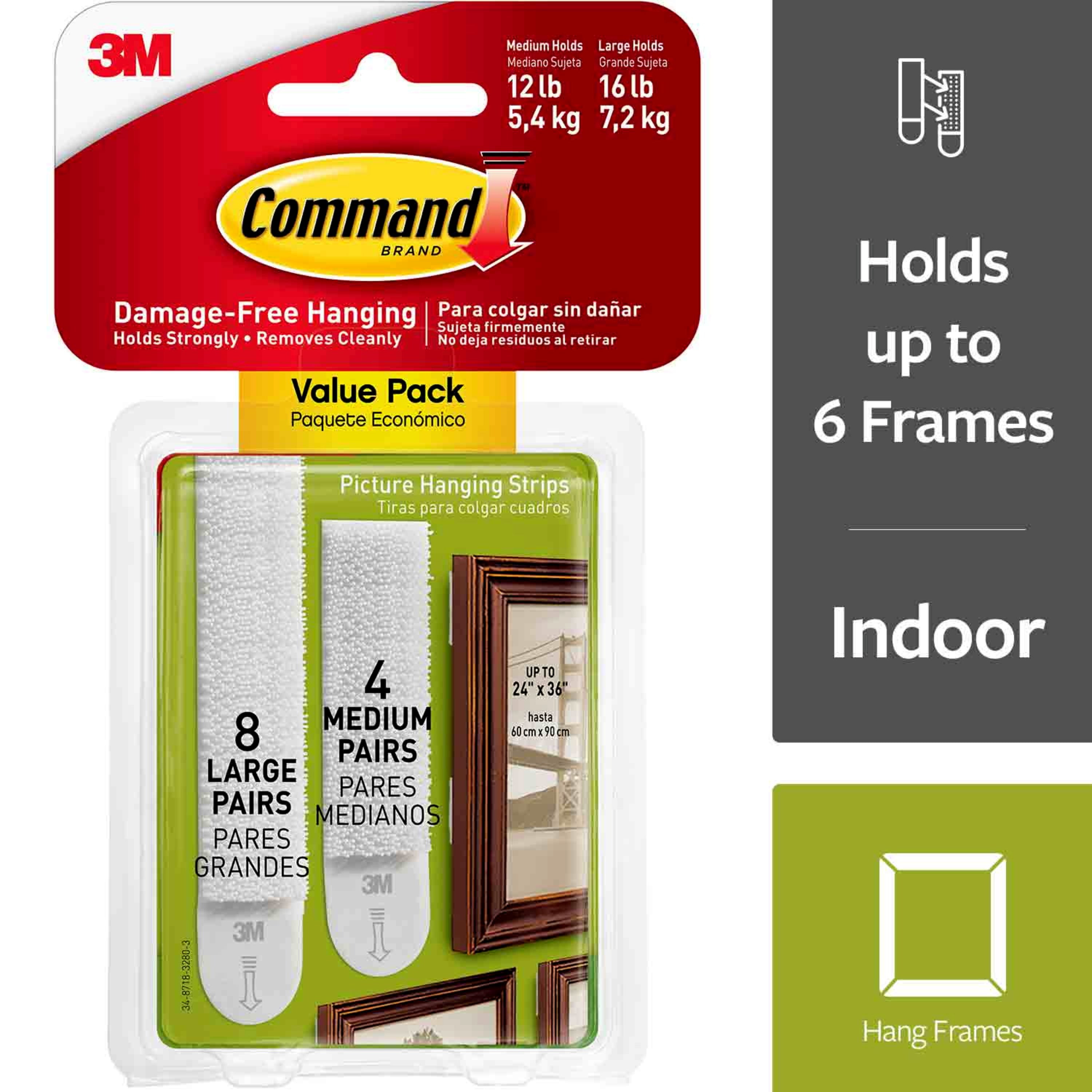 Picture Hanging Strips, Value Pack, Removable, (8) Large 0.63 X 3.63 Pairs, (4) Medium 0.5 X 2.75 Pairs, White | Bundle of 5 Packs