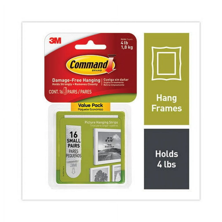 Picture Hanging Strips, Value Pack, Small, Removable, Holds Up to 4 lbs, 0.63 x 1.81, White, 16 Pairs/Pack Picture Hanging Strips, Value Pack, Small, Removable, Holds Up to 4 lbs, 0.63 x 1.81, White, 16 Pairs/Pack