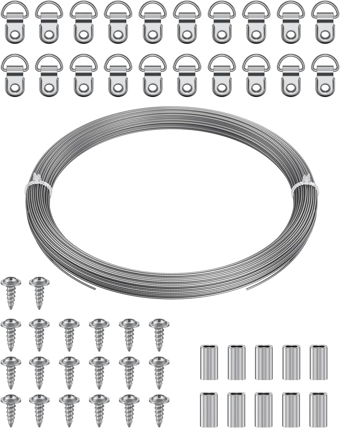 Picture Hanging Wire, 100 Feet 1/32" Picture Wire Kit with D-Ring Hangers, Stainless Steel Rope for up to 110 lbs, Trellis Line Cable for Photo Frames and String Lights