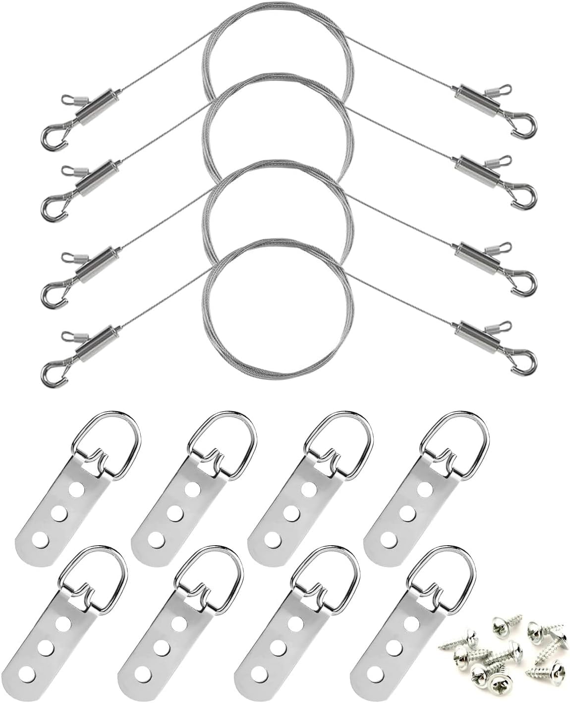 Picture Hanging Wire Kit, 4Pcs Adjustable Frame Wire 2m x 1mm Small Hs Heavy Duty 50lbs, 8pcs 3-Hole D Rings Picture Hangers with Screws, for Canvas Paintings/ Mirrors/ Frames