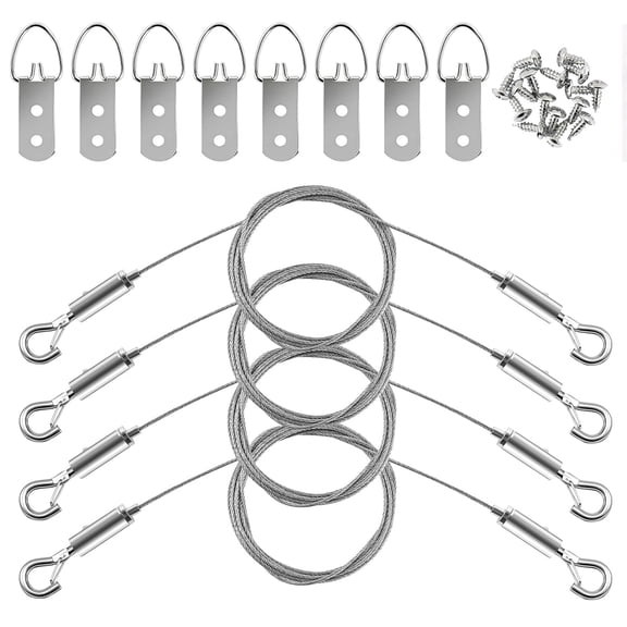 Picture Hanging Wire Kit, 4Pcs Stainless Steel Wire Rope with D Ring, Picture Hangers with Screws Picture Hanging Kit for Hanging Mirror Curtain Photo Frame