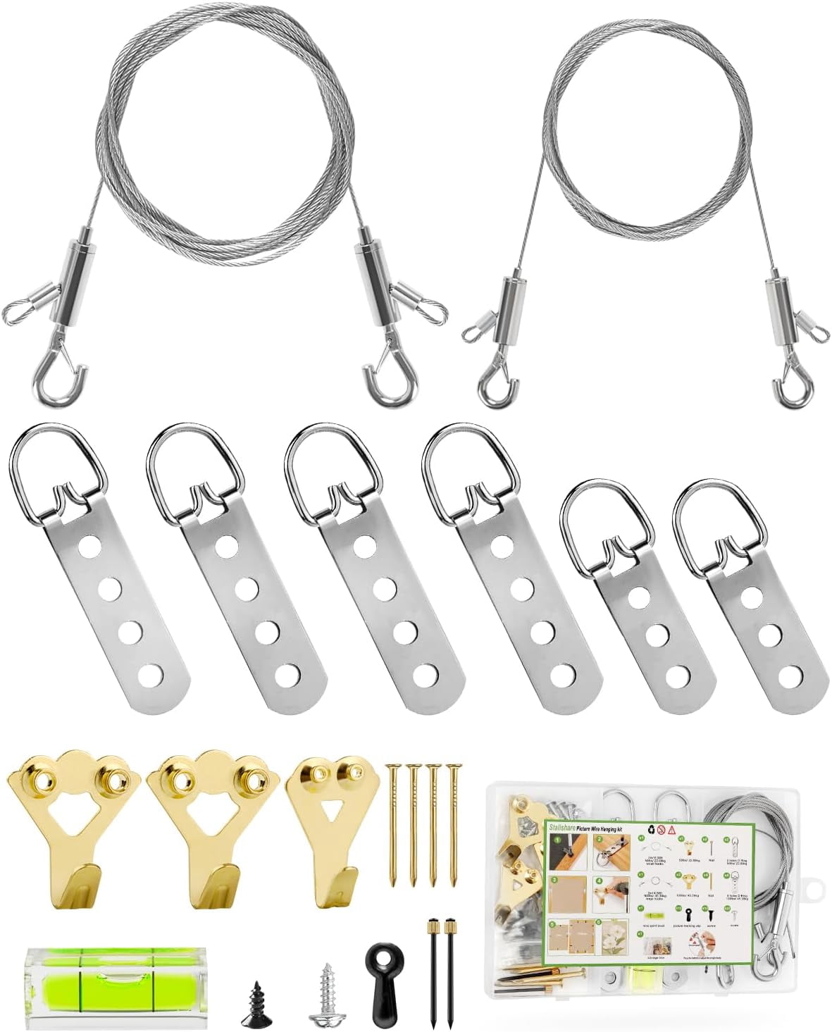 Picture Hanging Wire Kit Heavy Duty, 70PCS Mirror Hanging Kit for Large Frame/ Mirror up to 50lbs/ 100lbs, Including Adjustable Picture Wire, H s, D Rings, Frame Backing Clip, Mini Level