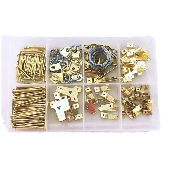 Picture Hanging Wire, Picture Hanging Wire Kit, Picture Wire Hanging Kit, Sawtooth Picture Hangers, 260 Pc, Brass Plated Hardware, Residential Wall Decor, Assorted Components