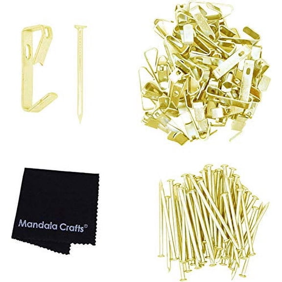 Picture Hook Hanger with Nail Hanging Hardware Kit for Painting, Frames, Canvas Art, Photo Wall Mounting; Gold Medium 30 LBS 100 Packs by Mandala Crafts