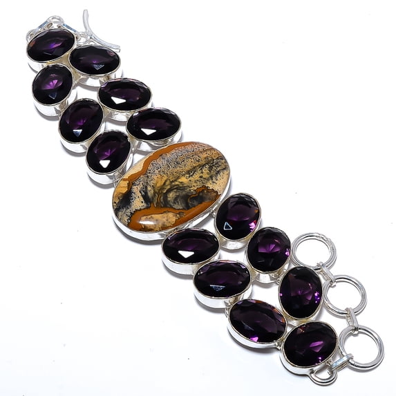Picture Jasper & Amethyst- 925 Silver Plated Ethnic Bracelet 7.99" S2630, Valentine's Day Gift, Birthday Gift, Beautiful Jewelry For Woman & Girls